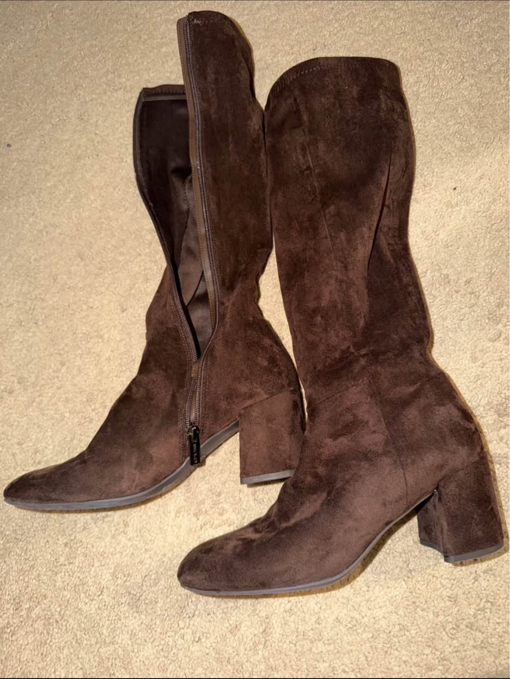 Anne Klein Dark Brown Suede Mid-Calf Block Heel Boots